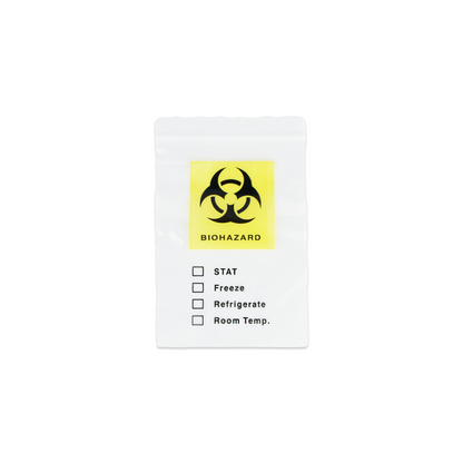 Un petit sac en plastique blanc Altruan avec un symbole de danger biologique jaune et des cases vides, utilisé pour le transport des échantillons Combo 9in1 - DVOT Professional SARS-CoV-2, grippe A+B, RSV, adénovirus, hMPV, PIV 1/3/2, mycoplasme (paquet de 1 pièce).