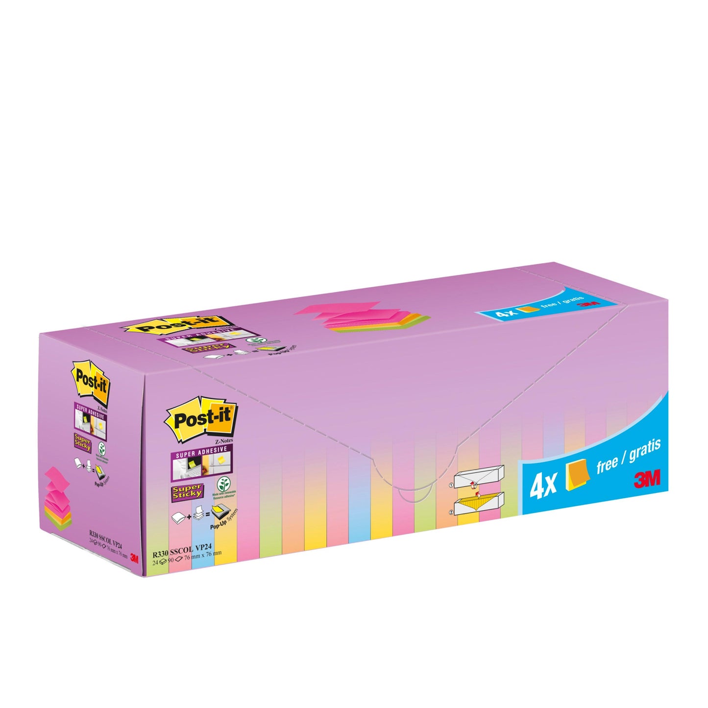 Een rechthoekige doos Post-it® Super Sticky Z-Notes (76 x 76 mm) in verschillende kleuren, 20 blokken + 4 gratis (promotie), 90 vel/blok, van 3M Deutschland GmbH. Met paarse, gele en blauwe etiketten in pastelkleuren en PEFC-kartonnen verpakking.