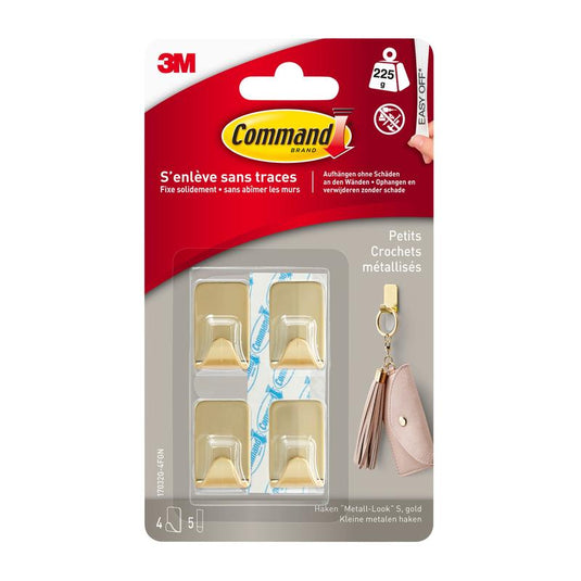 Le lot de crochets métalliques Command™ taille S de couleur dorée (17032BR-4ES) de 3M Deutschland GmbH comprend 4 crochets et 5 bandes adhésives pour une fixation sans dommage – idéal pour accrocher des porte-clés et bien plus encore.