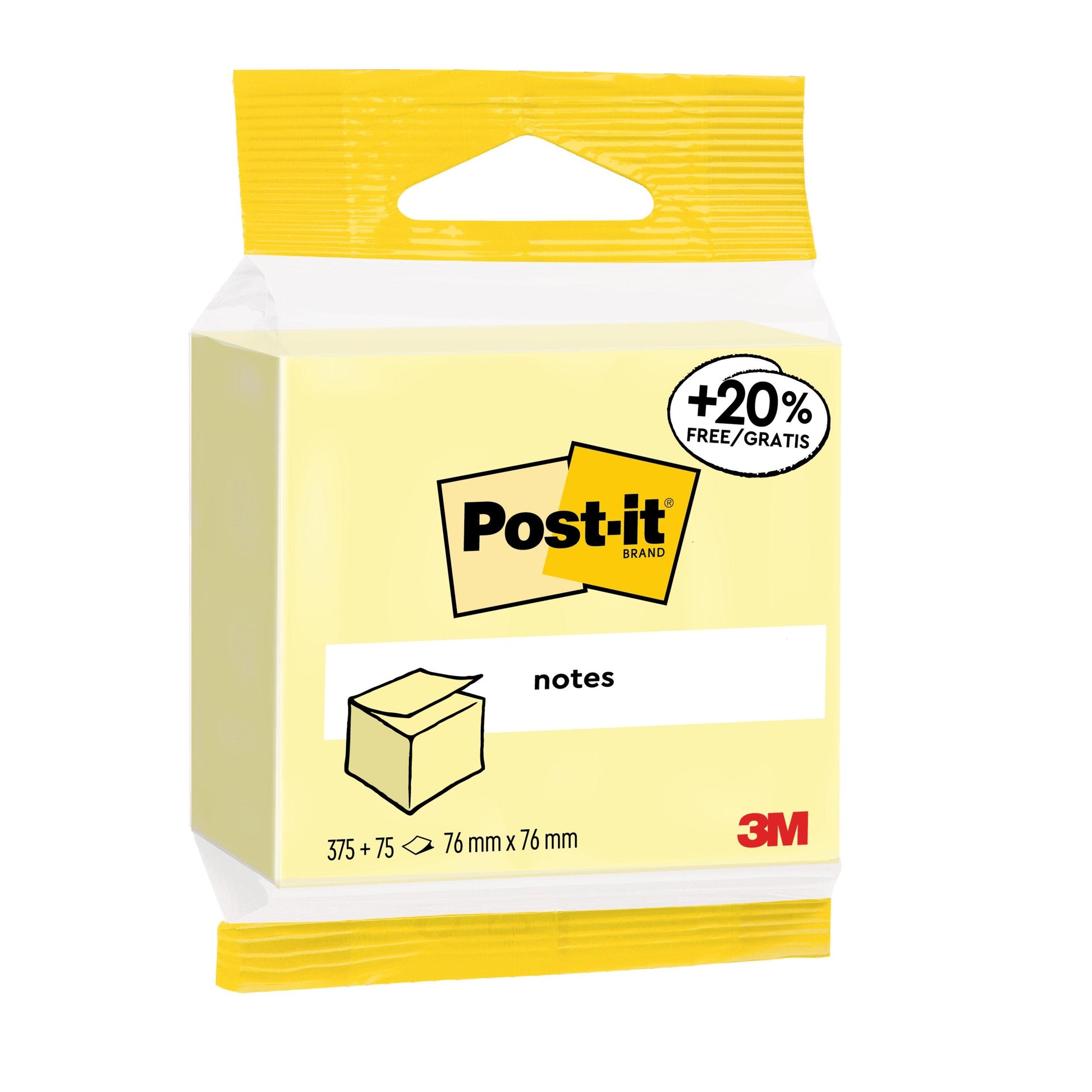 Eine Packung 3M Post-it® Notes, gelb, 76 x 76 mm, 450 Blatt/Block, mit Logo und Notizblock-Illustration. 1 Block pro Packung. PEFC-zertifiziert (SGSCH-PEFC-COC-110078).