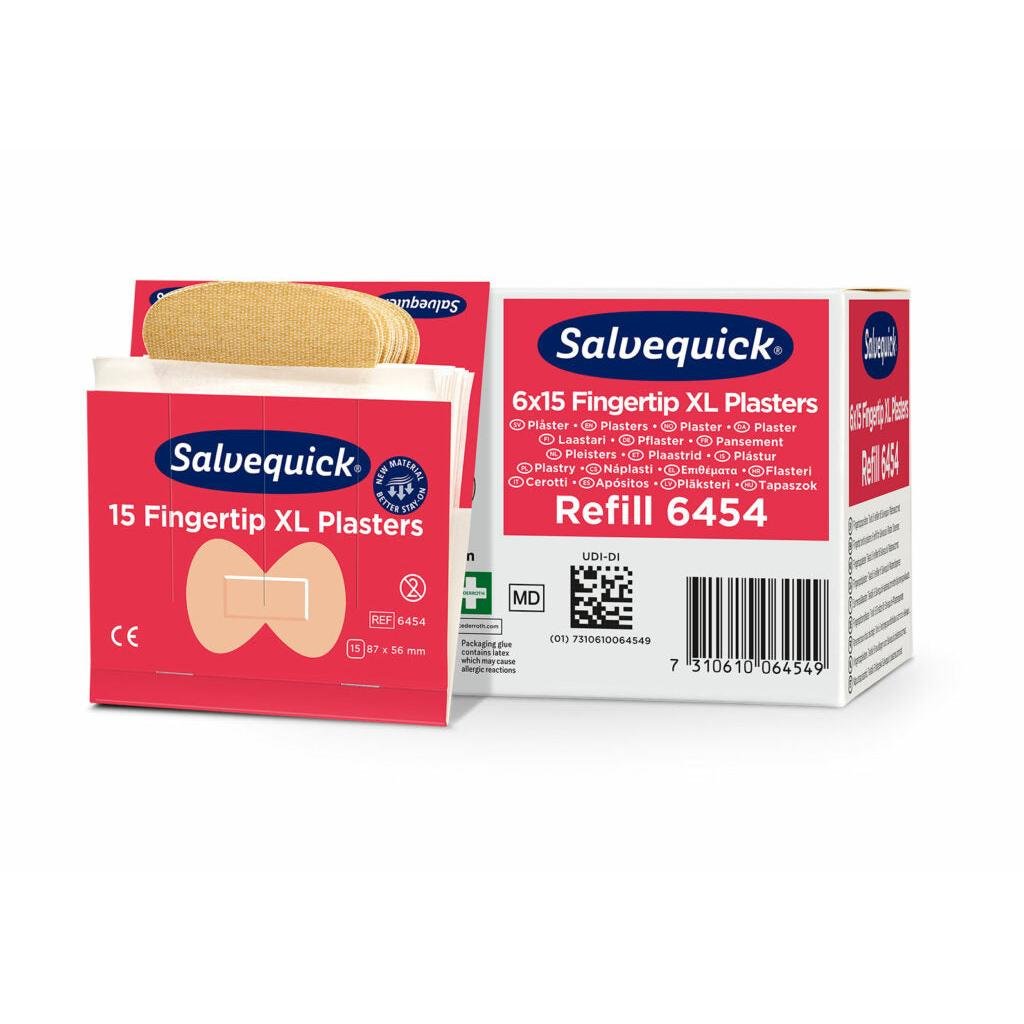 Afgebeeld zijn een doos en een geopende verpakking van Orkla Wound Care AB XL vingertopjes-textielpleisters, 15 stuks/mijn | verpakking (6 stuks). De wit-rode verpakking bevat productinformatie en afbeeldingen van deze flexibele pleister vingertopjes.