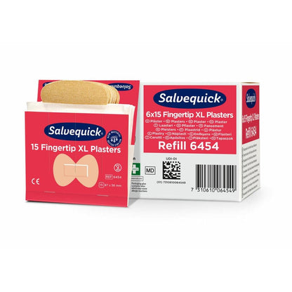 Afgebeeld zijn een doos en een geopende verpakking van Orkla Wound Care AB XL vingertopjes-textielpleisters, 15 stuks/mijn | verpakking (6 stuks). De wit-rode verpakking bevat productinformatie en afbeeldingen van deze flexibele pleister vingertopjes.