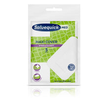 Afgebeeld is een verpakking van Salvequick Maxi verband 76x54 mm wondkussens van Orkla Wound Care AB. De groen-witte doos bevat 5 steriele, zachte wondkussens en toont aan de voorkant productinformatie en een afbeelding van het wondkussen.