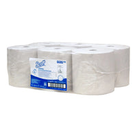 Un paquet de serviettes Scott® EXTRA STRONG de la société Kimberly-Clark GmbH contient six rouleaux blancs, chacun étant enroulé sous forme de feuilles individuelles et soigneusement emballé dans une boîte, avec un étiquetage clair permettant d'identifier facilement le produit.