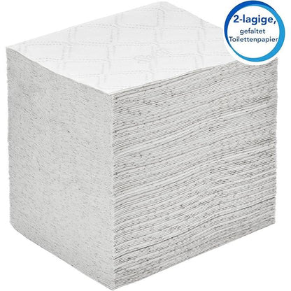 Afgebeeld is een grote, rechthoekige stapel van wit, tweelaags Scott® Control™ enkelvouwsysteem toiletpapier van Kimberly-Clark GmbH. De verpakking bevat 36 pakjes van 220 vel voor langdurig comfort. Op een etiket staat "2-laags, gevouwen toiletpapier."