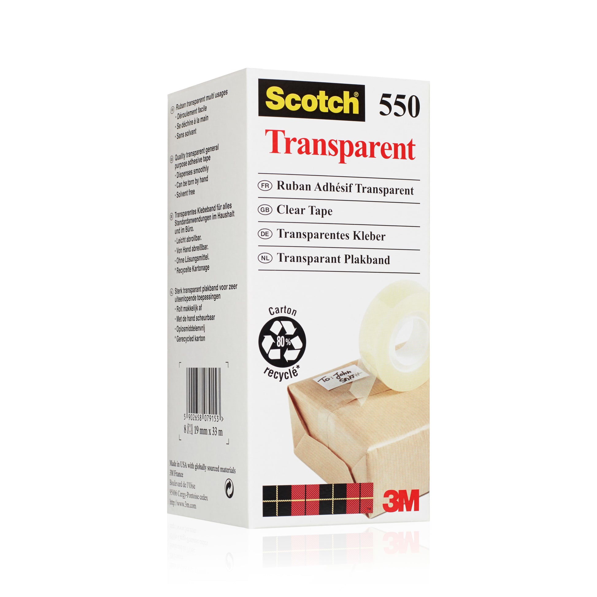 Eine Schachtel Scotch® Transparentes Klebeband 550 der 3M Deutschland GmbH in weißer Verpackung mit roten und gelben Akzenten zeigt auf der Vorderseite mehrsprachige Angaben und eine Abbildung des Klebebandes bei der Verwendung auf einem Paket.