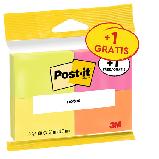 Eine Packung Post-it® Notes von 3M Deutschland GmbH in verschiedenen Neonfarben (38x51mm), 100% PEFC-zertifiziert, mit 3 Blöcken plus 1 gratis (je 100 Blatt). Promo-Verpackung mit "+1 GRATIS"-Aufkleber.