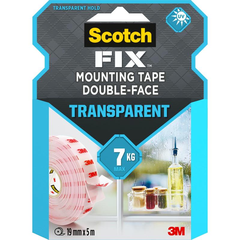 Ruban de montage double face transparent Scotch-FIX™ 4910C de 3M Deutschland GmbH, 19 mm x 5 m, supporte jusqu'à 7 kg. L'emballage montre un rouleau de ruban adhésif et des verres sur un rebord de fenêtre.