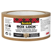 Un rouleau de ruban d'emballage en papier Scotch® Box Lock™ de 48 mm x 22,8 m, fabriqué par 3M Deutschland GmbH, avec des informations sur le produit et des indications relatives au recyclage figurant sur l'étiquette en allemand, en anglais et en français.