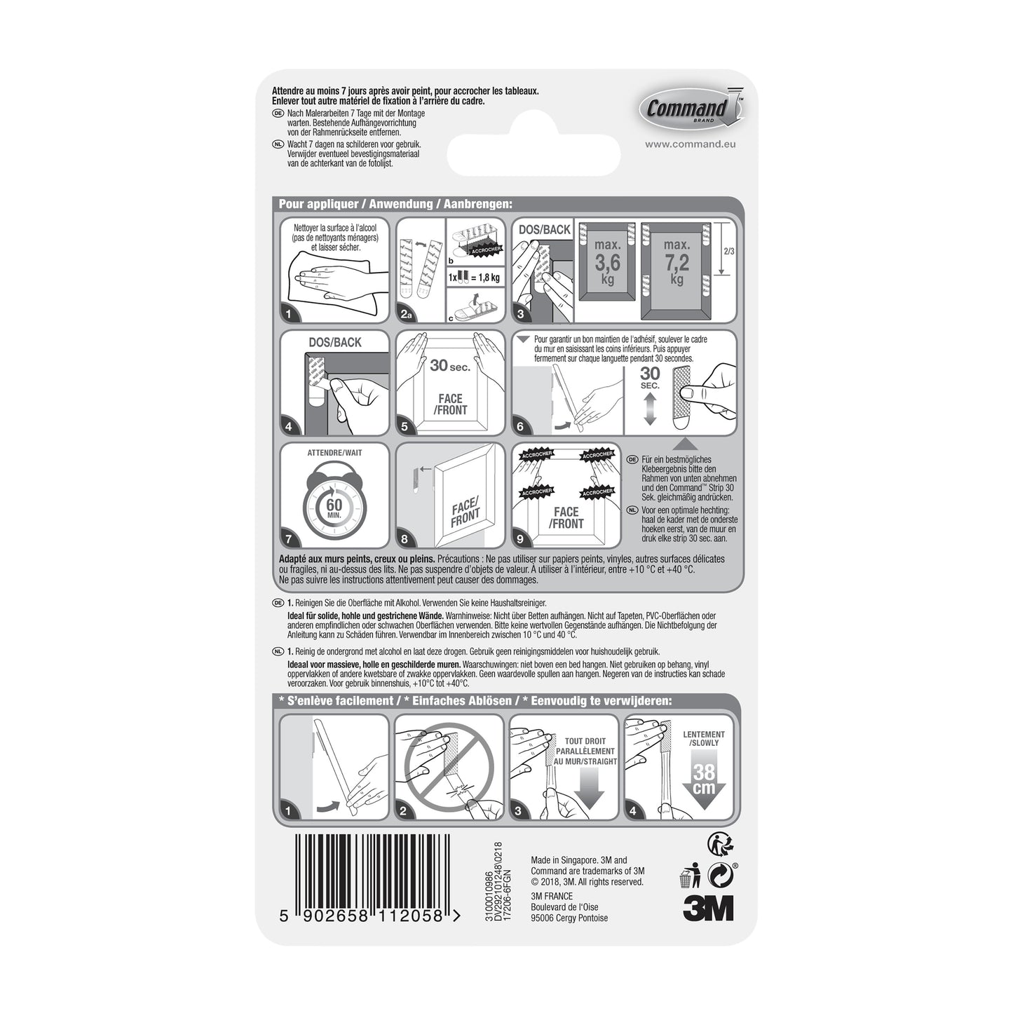 Die Rückseite der Packung 3M Deutschland GmbH Große Command™ Bilder-Montage Strips L, 6 Sets im Vorteilspack (17206-6) zeigt eine bebilderte Schritt-für-Schritt-Anleitung zum Aufhängen, eine mehrsprachige Anleitung und einen Barcode am unteren Rand.