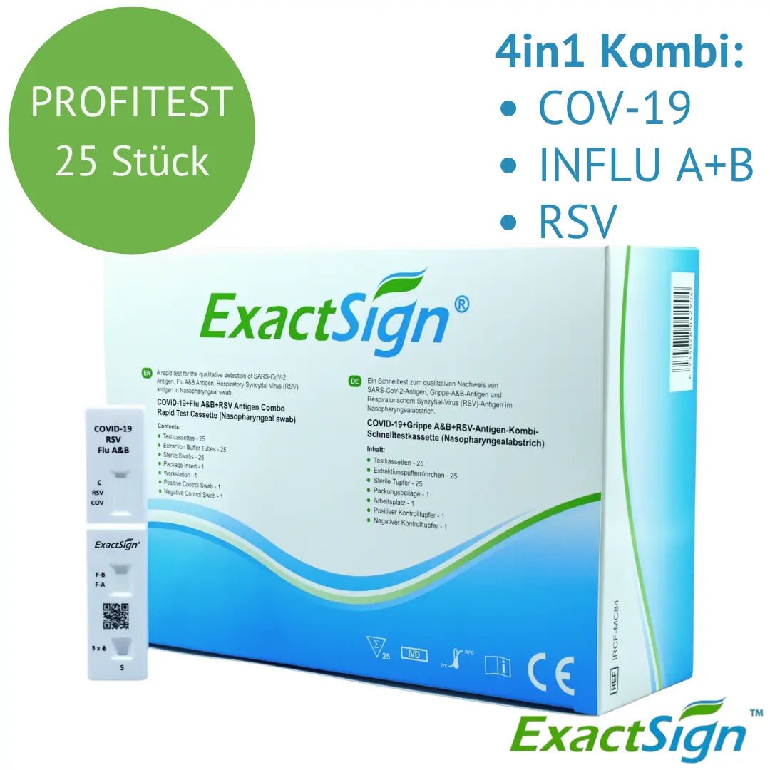 Een doos met het opschrift "ExactSign 4in1 Antigen Combo Rapid Test" (25 stuks) van ExactSign voor COV-19, Influenza A+B en RSV is afgebeeld op een witte, groene en blauwe diagnostische verpakking.