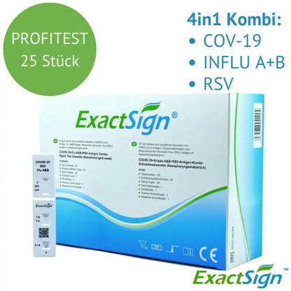 Een doos met het opschrift "ExactSign 4in1 Antigen Combo Rapid Test" (25 stuks) van ExactSign voor COV-19, Influenza A+B en RSV is afgebeeld op een witte, groene en blauwe diagnostische verpakking.