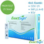 Een doos met het opschrift "ExactSign 4in1 Antigen Combo Rapid Test" (25 stuks) van ExactSign voor COV-19, Influenza A+B en RSV is afgebeeld op een witte, groene en blauwe diagnostische verpakking.