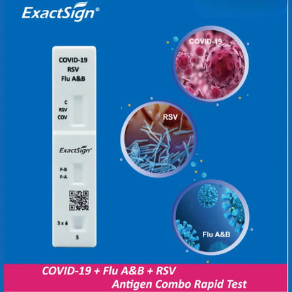 Links is de ExactSign 4in1 Antigen Combo Sneltest | Verpakking (25 stuks) voor COVID-19, RSV en griep A & B te zien. Rechts verschijnen gelabelde virussymbolen op een blauwe achtergrond, die dit ExactSign diagnostische product presenteren.
