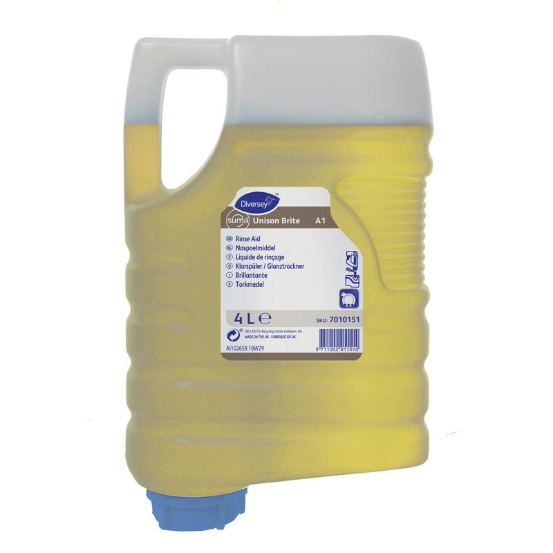 Une cartouche de 4 litres de rinçage acide Diversey Suma Unison Brite A1, avec poignée intégrée et liquide jaune, avec une étiquette bleu-blanc décrivant la formule pour des résultats sans traces - idéale pour la restauration.