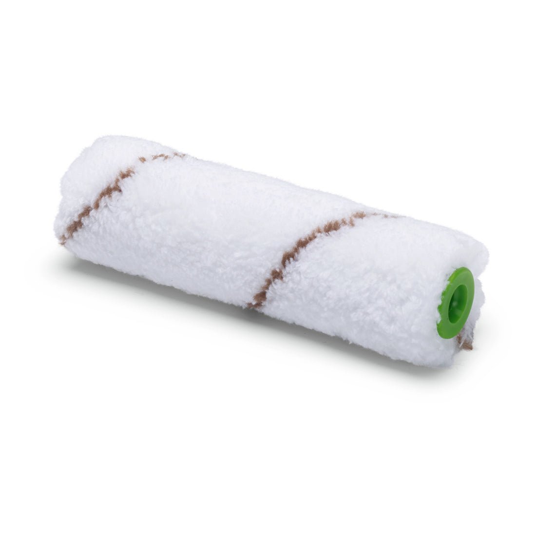 Een Nölle Profi Brush Microvezel Kleinvlakroller 10 cm, 9 mm poolhoogte van Nölle Profi Brush Borstel- & Penseeltechniek e.K., ideaal voor kleinvlakschilderwerk, met twee bruine strepen en een groene uiteinde, op een witte achtergrond.