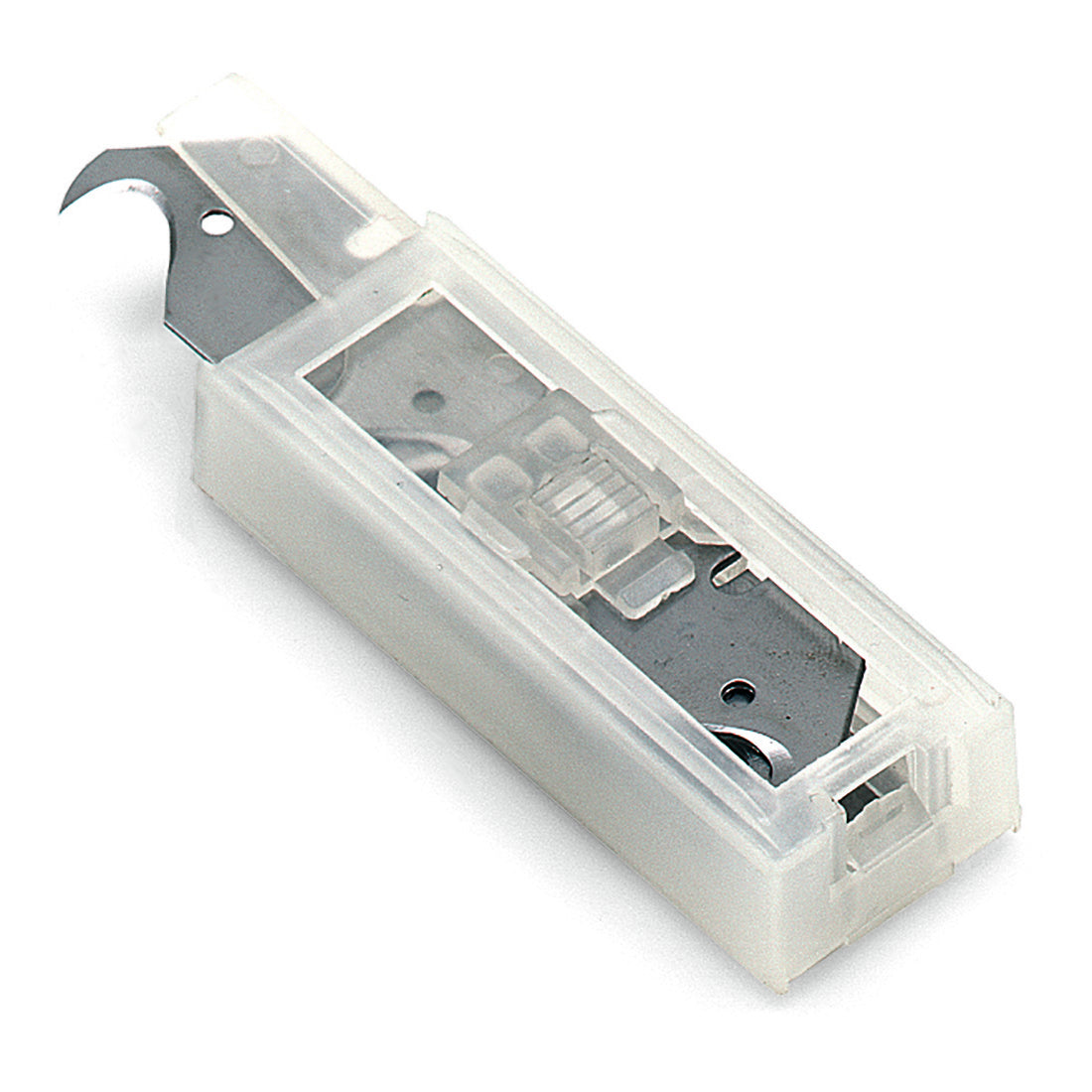 Eine Nahaufnahme des Nölle Profi Brush Dispenser mit 10 Ersatzklingen, Hakenform von Nölle Profi Brush Bürsten- & Pinseltechnik e.K., bei der eine der Ersatzklingen im transparenten Kunststoffbehälter sichtbar ist.