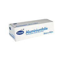 Een rechthoekige, zilverkleurige afroldoos voor aluminiumfolie van Duni GmbH, voorzien van een blauwe opschrift met de tekst „Aluminiumfolie”, 30 cm x 150 m, ideaal voor hittebestendige voedselverpakkingen.