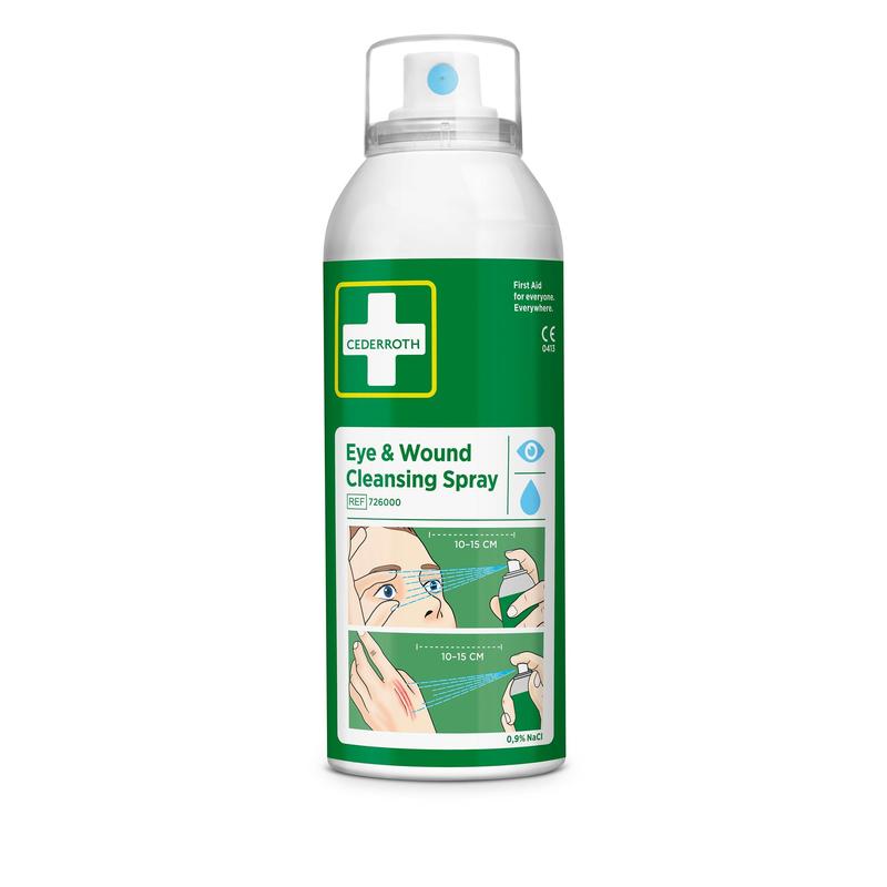 Eine grün-weiße 150-ml-Flasche Orkla Wound Care AB Cederroth Augen- und Wundreinigungsspray, Packung (1 Stück), zeigt eine bebilderte Erste-Hilfe-Anleitung zum Aufsprühen der Lösung auf ein Auge oder eine Wunde aus 10-15 cm Entfernung.