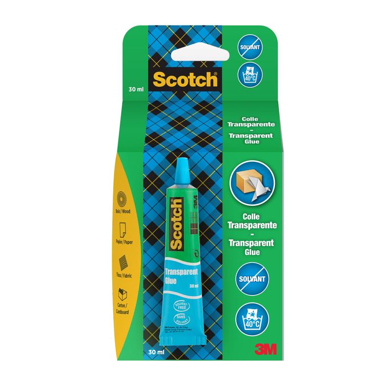 Un tube de 30 ml de colle transparente sans solvant Scotch® pour la maison de 3M Deutschland GmbH dans un emballage bleu et vert, adapté pour le bois, le papier, le tissu et le carton. Transparent et sans solvant.