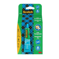 Un tube de 30 ml de colle Scotch® transparente sans solvant pour usage domestique, fabriquée par 3M Deutschland GmbH, dans un emballage bleu et vert, adaptée au bois, au papier, au tissu et au carton. Transparente et sans solvant.