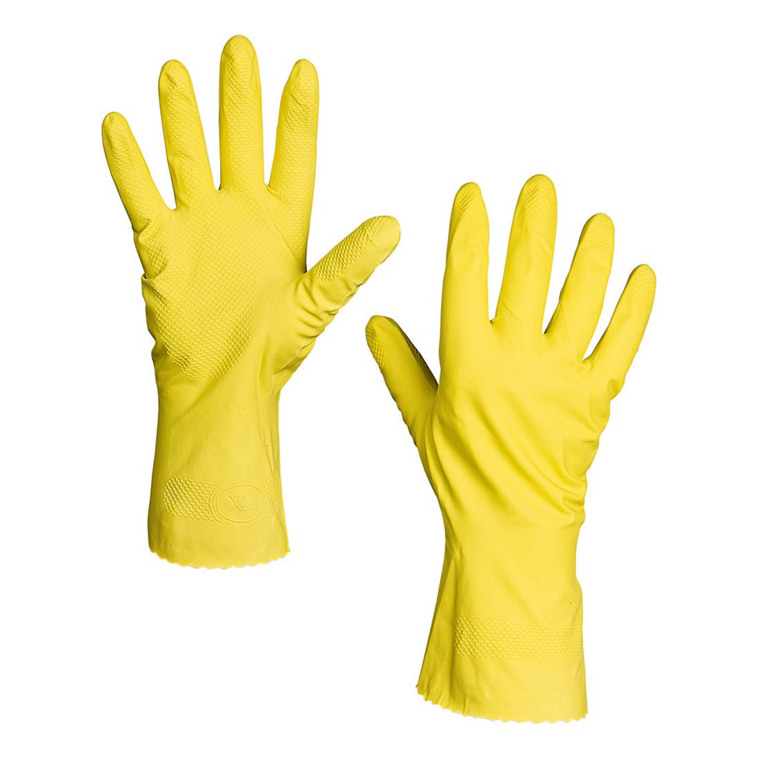 Een paar gele Nölle Profi Brush Latex-huishoudhandschoenen van Nölle Profi Brush Borstel- & Pinseltechniek e.K., met gestructureerd handvlak en verlengde manchetten - perfect voor dagelijkse schoonmaaktaken.