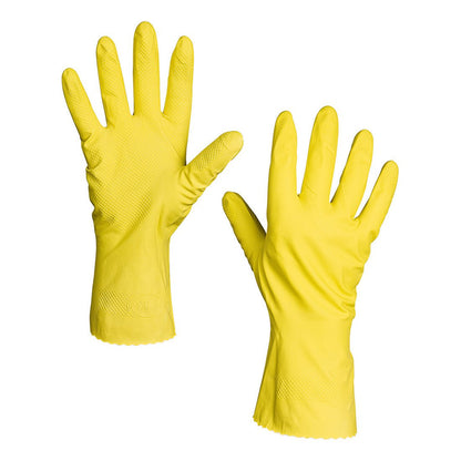 Een paar gele Nölle Profi Brush Latex-huishoudhandschoenen van Nölle Profi Brush Borstel- & Pinseltechniek e.K., met gestructureerd handvlak en verlengde manchetten - perfect voor dagelijkse schoonmaaktaken.