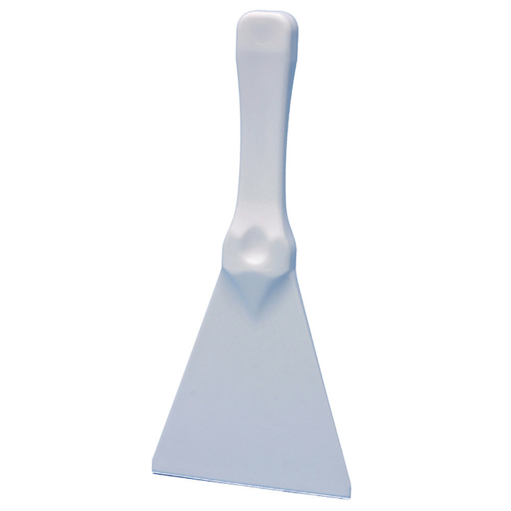 La spatule blanche, spatule en plastique | Paquet (5 pièces) de Diversey Deutschland GmbH & Co. OHG dispose d'une lame large et plate et d'une poignée incurvée, parfaite pour les projets de construction ou de rénovation ; illustrée sur un fond blanc simple.