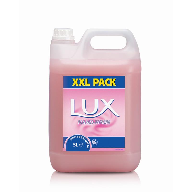 Un conteneur en plastique de 5 litres avec du savon pour les mains rose LUX Pro Formular de Diversey Deutschland GmbH & Co. OHG, avec une poignée et un bouchon à vis en haut à gauche, sur fond blanc.