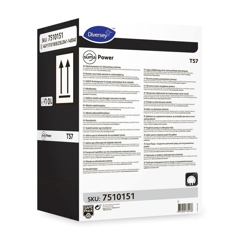 Une boîte blanche de Suma Power T57 Alkalibooster pour systèmes de lavage de vaisselle automatique de Diversey Deutschland GmbH & Co. OHG, avec des instructions multilingues, une partie latérale noire et la SKU 7510151 sur deux étiquettes.