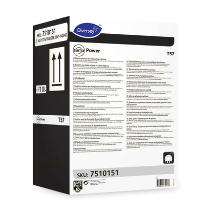 Une boîte blanche de Suma Power T57 Alkalibooster pour systèmes de lavage de vaisselle automatique de Diversey Deutschland GmbH & Co. OHG, avec des instructions multilingues, une partie latérale noire et la SKU 7510151 sur deux étiquettes.