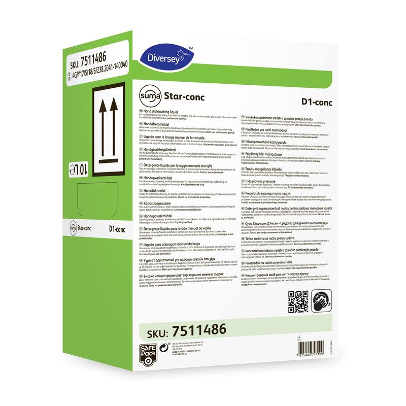 Een groen-witte rechthoekige doos met de opdruk "Suma Star-conc D1 conc, hooggeconcentreerd handafwasmiddel" (10 l) van Diversey Deutschland GmbH & Co. OHG met zwarte tekst, symbolen en barcodes voor een effectieve reiniging.