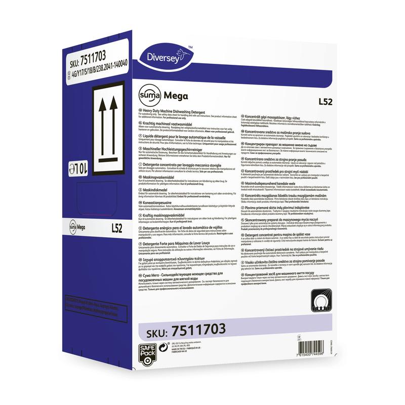 De Diversey Deutschland Suma Mega L52 vaatwasmiddel voor zacht water wordt geleverd in een rechthoekige doos met productinformatie, gebruiksaanwijzingen en veiligheidssymbolen op de voor- en zijwand.