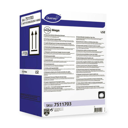 De Diversey Deutschland Suma Mega L52 vaatwasmiddel voor zacht water wordt geleverd in een rechthoekige doos met productinformatie, gebruiksaanwijzingen en veiligheidssymbolen op de voor- en zijwand.
