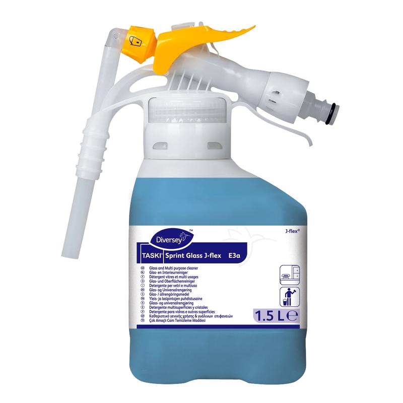 Een 1,5L fles Diversey TASKI Sprint Glass J-Flex Hooggeconcentreerd Glas- en Oppervlaktereiniger van Diversey Deutschland GmbH & Co. OHG is geschikt voor veelzijdige glasreiniging.
