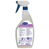De Good Sense Fresh-textielverfrisser van 750 ml van Diversey Deutschland GmbH & Co. OHG is voorzien van meertalige informatie en een wit-blauwe spuitknop voor een effectieve geurneutralisatie en een frisse geur in elke ruimte.