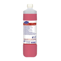De TASKI Sani Ami sanitair-basisreiniger van Diversey Deutschland GmbH & Co. OHG, in een verpakking van 1 l, maakt gebruik van alkalische en complexvormende werkzame stoffen voor het verwijderen van hardnekkig vuil; inclusief witte dop en meertalig etiket voor eenvoudig gebruik.