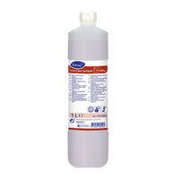 Een fles TASKI Sani Antikalk van 1 liter, een zuur sanitair onderhouds- en ontkalkingsmiddel van Diversey Deutschland GmbH & Co. OHG, met een witte dop en een etiket met productinformatie, gebruiksaanwijzingen en veiligheidssymbolen.