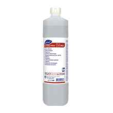 Une bouteille d'un litre de TASKI Sani Flow, un nettoyant pour canalisations hautement actif et très alcalin de Diversey Deutschland GmbH & Co. OHG, avec une étiquette multilingue et un bouchon blanc. Le liquide clair élimine efficacement les obstructions.