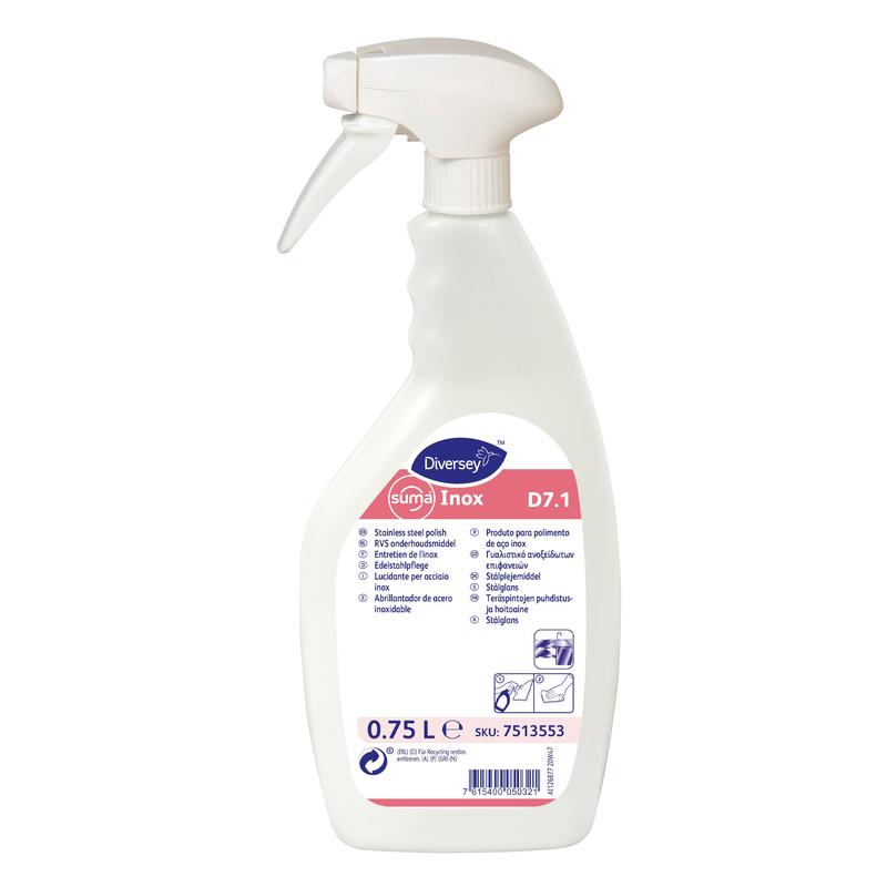 Een witte 750 ml spuitfles Diversey Suma Inox D7.1 roestvrijstaalverzorgingsemulsie van Diversey Deutschland GmbH & Co. OHG, met een witte spuitmond en een roze-blauw etiket met meertalige reinigingsinstructies voor roestvrij staal.