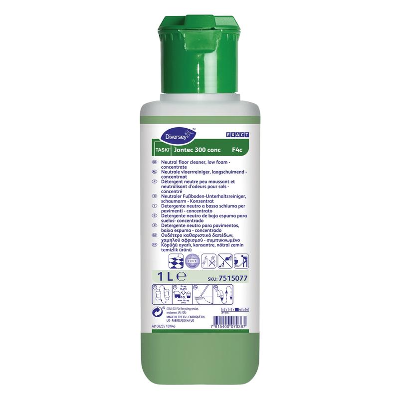 Een 1-literfles TASKI Jontec 300 conc vloerreiniger hoogconcentraat van Diversey Deutschland GmbH & Co. OHG heeft een groene dop, een wit etiket met meertalige instructies en zorgt voor een stralende glans op vloeren.