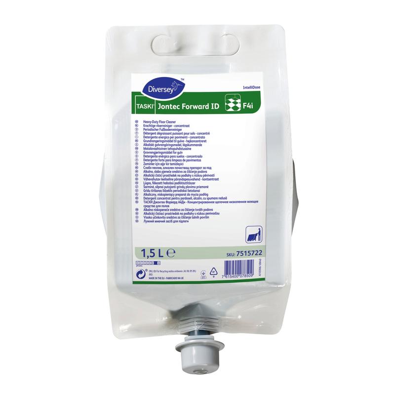Een 1,5-liter plastic zak TASKI Jontec Forward vloerreiniger hoogconcentraat van Diversey Deutschland GmbH & Co. OHG met uitgietopening aan de onderkant en wit etiket met productdetails en gebruiksaanwijzingen voor meer comfort.
