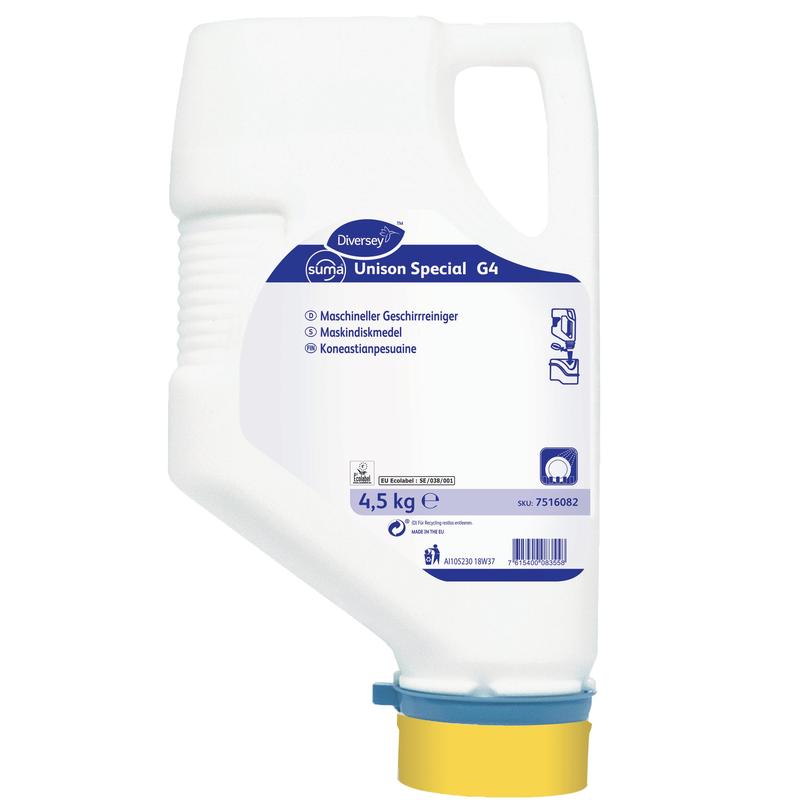 Een 4,5 kg zware witte kunststofpatroon met Diversey Suma Unison Special G4, een fosfaat- en chloorvrij vaatwasmiddel voor middelhard tot hard water, van Diversey Deutschland GmbH & Co. OHG.