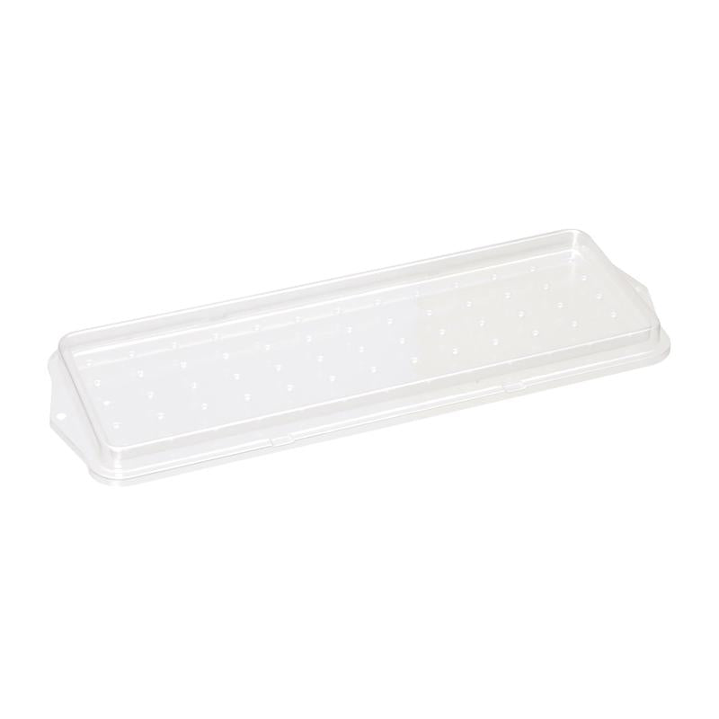Het TASKI voorbereidingszeef voor mopboxen van Diversey Deutschland GmbH & Co. OHG is een doorzichtige, rechthoekige kunststofdeksel met verhoogde randen en oneffen oppervlakken, gefotografeerd op wit - perfect voor een geoptimaliseerd reinigingsproces.