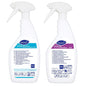 Deux bouteilles vides blanches pour Suma SmartDose D2.3 et Suma Bac D10 (750 ml, Diversey Deutschland) avec des étiquettes bleues et des instructions claires sont illustrées ; à gauche D2.3, à droite Bac D10. Le carton contient 6 bouteilles avec des étiquettes correspondantes.