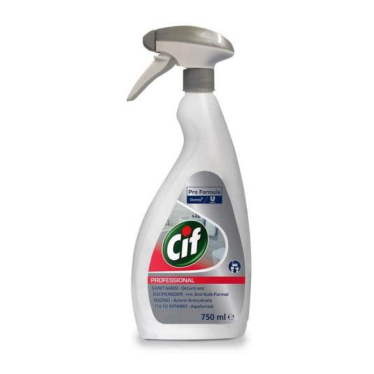 Een witte spuitfles van 750 ml Cif Professional badkamerreiniger van Diversey Deutschland GmbH & Co. OHG, met een grijze spuitmond en etiket, met 2-in-1 reinigings- en ontkalkingsfunctie voor een effectieve werking tegen kalkaanslag en voor het reinigen van de badkamer.