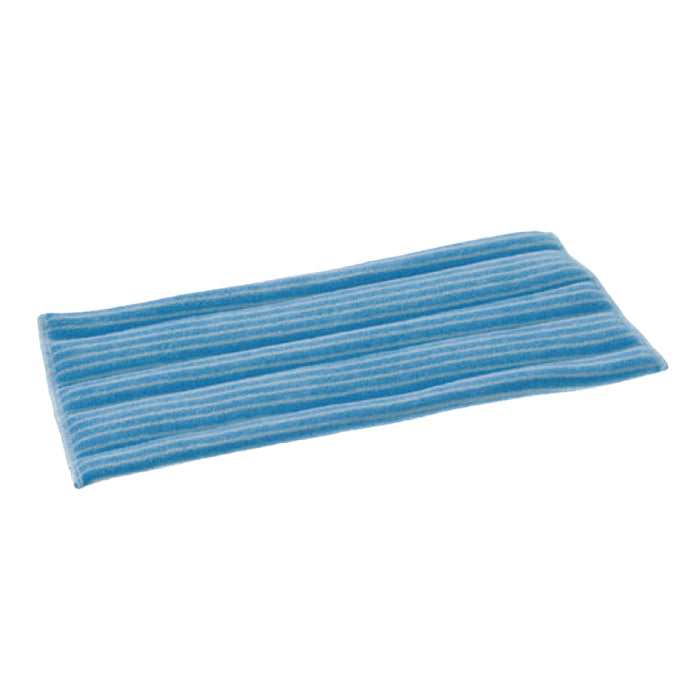 Le TASKI Jonmaster Standard Damp Mop Velcro Microfibre Covers de Diversey Deutschland GmbH & Co. OHG est un tampon de nettoyage en microfibre rectangulaire bleu avec de fines rayures blanches, conçu pour un nettoyage efficace et illustré à plat sur fond blanc.
