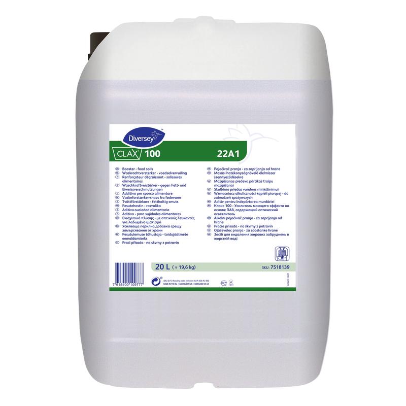 Ein 20-Liter-Kanister Clax 100 Waschkraftverstärker - Lebensmittelverschmutzungen von Diversey Deutschland GmbH & Co. OHG, mit weißem, mehrsprachigem Etikett, Griff und Schraubverschluss für die effektive Reinigung von Lebensmittelflecken.