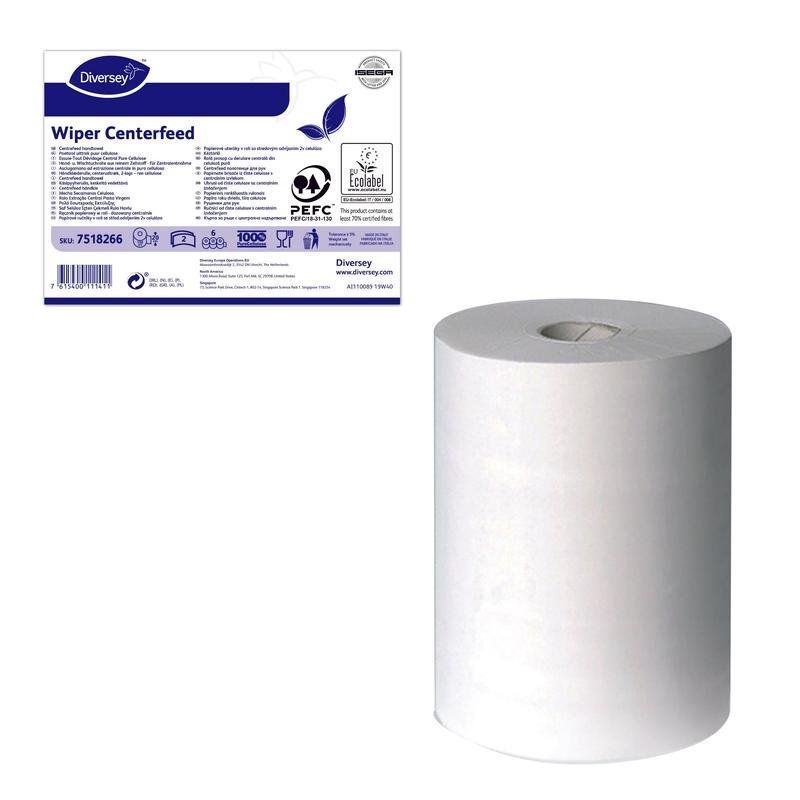 Un gros plan montre le rouleau de chiffon Midi blanc 2 couches (pure cellulose, perforé, 20 cm x 150,48 m, 18,5 g/m²) de Diversey Deutschland GmbH & Co. OHG - idéal pour les porte-rouleaux avec déroulement interne. Étiquette d'emballage avec informations sur le produit et certificats.