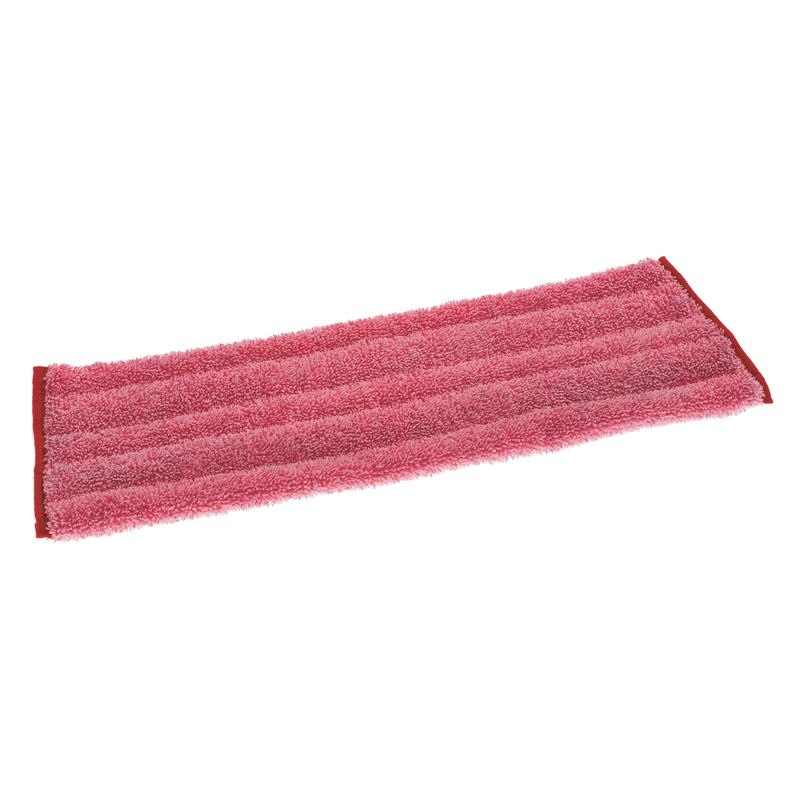 Le TASKI Jonmaster Ultra Damp Mop, rouge de Diversey Deutschland GmbH & Co. OHG est un tampon en microfibre rouge rectangulaire avec des bandes longitudinales légèrement surélevées pour le nettoyage hygiénique dans un environnement professionnel, représenté sur un fond blanc.